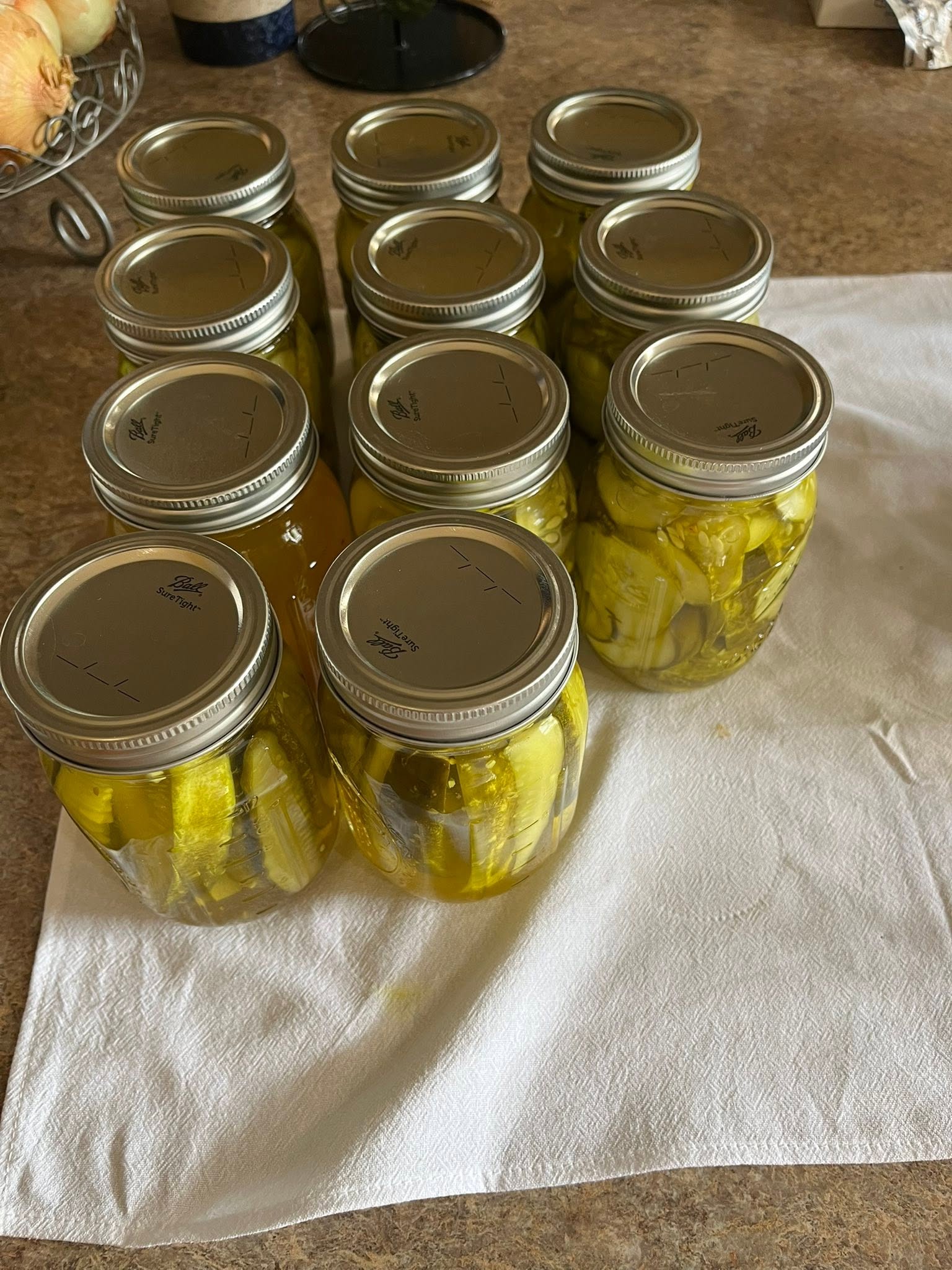 Jars of homemade pickles sealed with metal lids