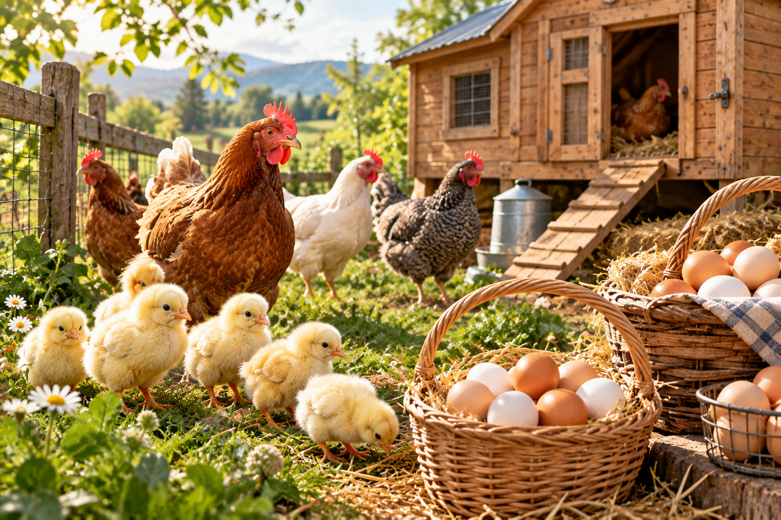 Baskets of farm eggs with hens and chicks near the coop