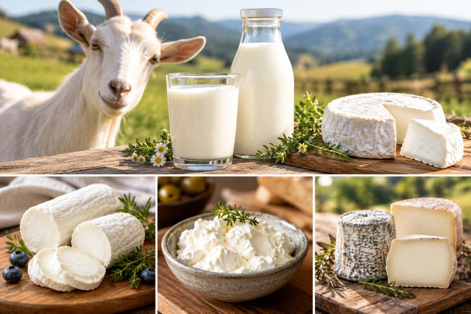 Goat milk, a bottle of milk, and rounds of goat cheese