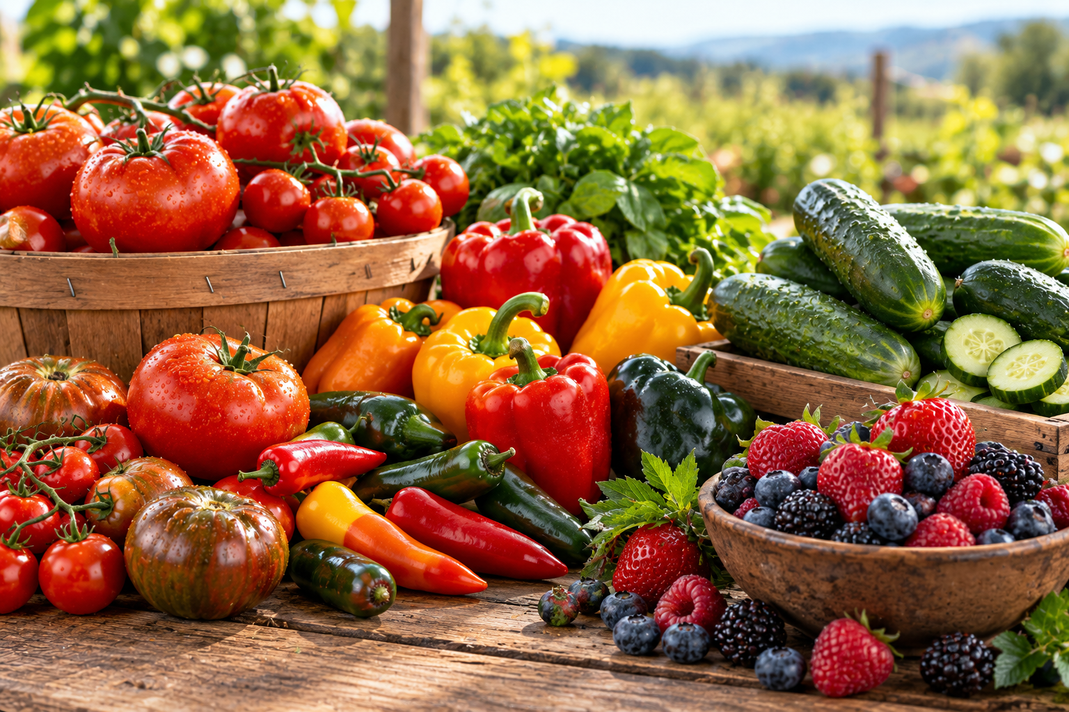 Tomatoes, peppers, cucumbers, herbs, and berries on a wooden table